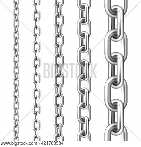Realistic Seamless Metal Chain With Silver Links Isolated On White Background. Vector Illustration.