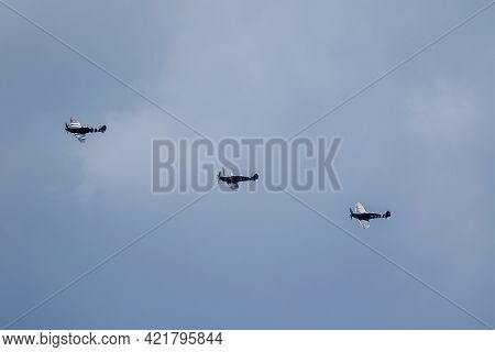 Eastbourne, Uk. 19th May 2021: 3 Spitfires In Formation Flight With Copyspace