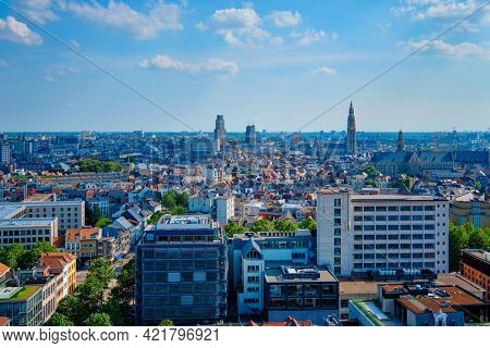 Aerial view of Antwerp city cetner with Cathedral of Our Lady Antwerp, Belgium