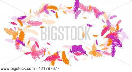 Pink Violet Orange Feather Floating Vector Background. Flying Bird Plumage Pattern.