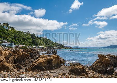 Summer Sunny Day On Rocky Beach In Seatoun Suburb Of Wellington