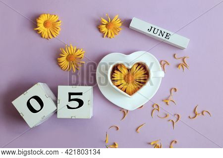 Calendar For June 5: The Name Of The Month Of June In English, Cubes With The Numbers 0 And 5, A Cup