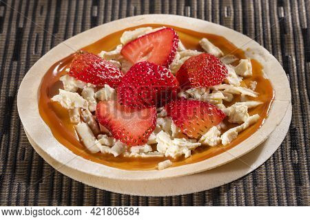 Traditional Colombian Dessert - Wafers With Fruit, Cheese And Caramel Sauce