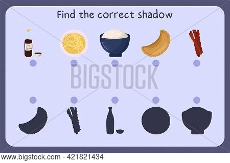 Matching Children Educational Game With Food - Soy Sauce, Noodle, Rice, Empanada, Jerky. Find The Co