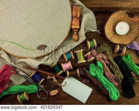 Embroidery Needlework Background Linen In Hoop Mockup. Colorful Floss Thread Scissors Card Tag. Hand