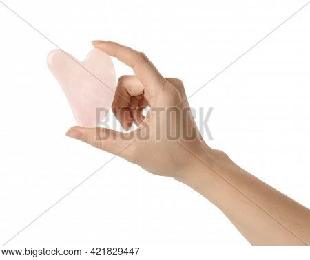 Woman With Rose Quartz Gua Sha Tool On White Background, Closeup