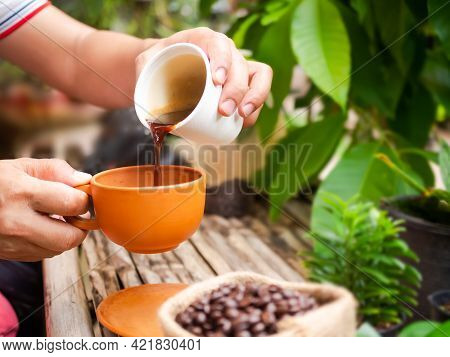 Hand Man Holding Glass For Pouring Coffee Espresso Into A Cup. Cafeine Food Drink. Growing Organic C