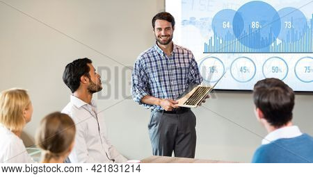 Happy caucasian businessman showing at his colleagues a graphic data with laptop at the office. digitally generated image