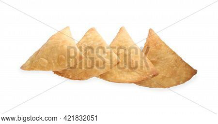 Fresh Delicious Crispy Samosas On White Background, Top View