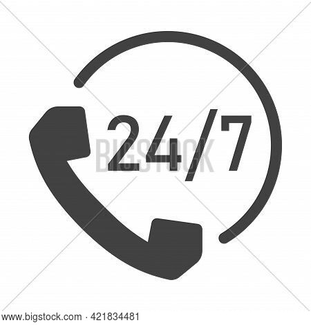 Monochrome 24 7 Support Icon Vector Illustration. Helpline For Customers Business Assistance