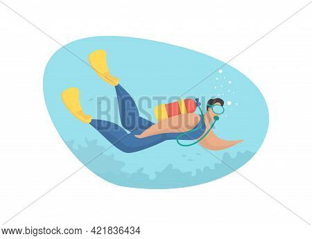 Tourist Engaged In Diving. Exciting Underwater Adventure With Extreme Diving. Man In Mask With Scuba