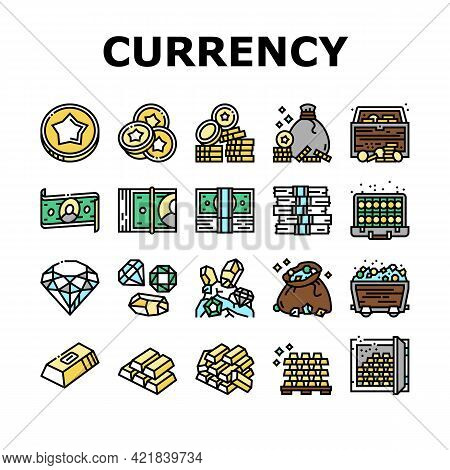 Currency Video Games Collection Icons Set Vector. Playing Money Banknotes And Coin Steak, Gambling G