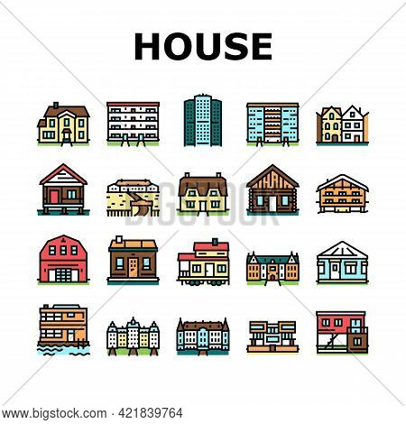 House Constructions Collection Icons Set Vector. Townhome House And Mobile Home, Villa And Palace Bu