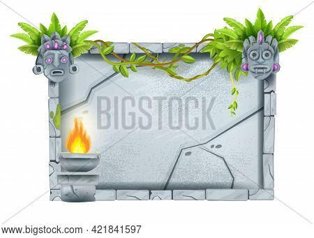 Vector Game Stone Sign Board, Cracked Cartoon Jungle Rock Panel, Tiki Mask, Maya Totem Face, Fire, L