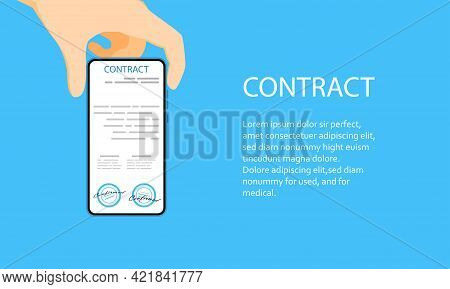 Electronic Contract Or Digital Signature Concept In Vector Illustration. Online E-contract Document 