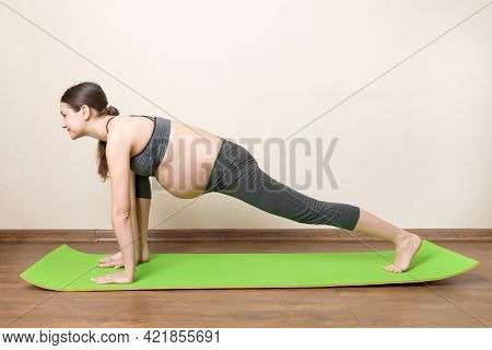 Beautiful Young Pregnant Woman Sitting On Mat In Yoga Pose At The Home. Pregnancy Yoga And Fitness C