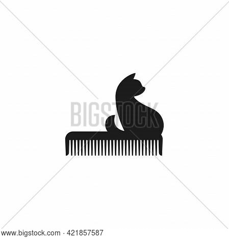 Pet Grooming. Comb And Cat Silhouette. Animal Haircut, Combing And Grooming Pets. Salon Logo.