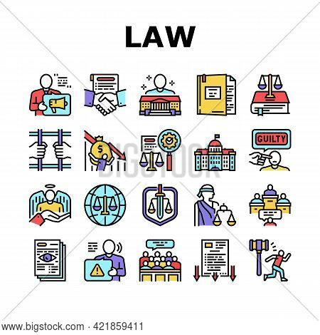 Law Notary Advising Collection Icons Set Vector. Law Advisor And Agreement, Government Building, Cou