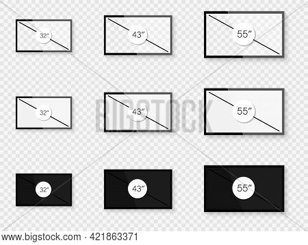 Screen Diagonal Size In 32, 43, 55 Inches Set. Screen Inches Size. Realistic Screen 32, 43, 55 Inche