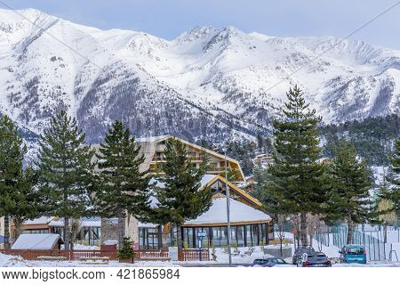 Auron, France - 10.01.2021 Alpine Village At Winter Snow. Slopes Of Winter Resort In Alpes Maritime,