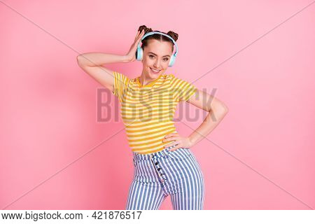 Portrait Of Adorable Person Put Hand On Waist Touch Headphones Toothy Smile Isolated On Pink Color B