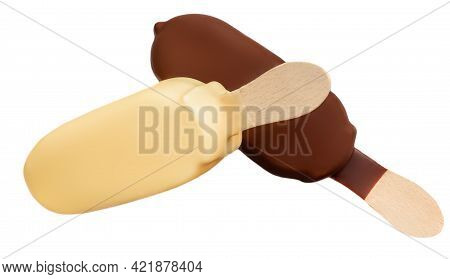 Stick Ice Cream Isolated On White Background. Vanilla Eskimo Ice-cream Bar. Popsicle And Lolly Sweet