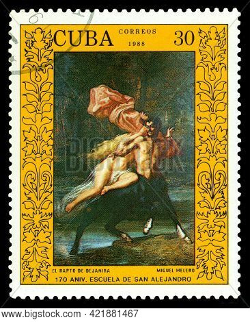 Stavropol, Russia - May  27.  2021:  A Stamp Printed By Cuba  Shows Abduction Of Dejaira, By  Miguel