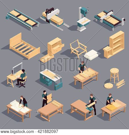 Furniture Production Isometric Icon Set Assembly Cutting And Preparation Of Wood For The Production 