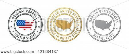 Made In United States - Set Of Stamps With Map And Flag. Best Quality. Original Product. Vector Illu