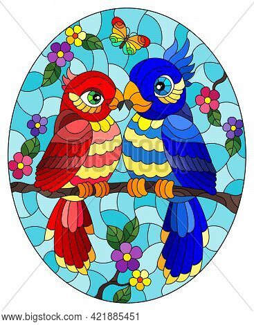 Stained Glass Illustration With Bright Cartoon Parakeets Against A Blue Sky And Flowers,oval Image