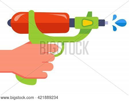 Hand Holds A Plastic Water Gun. Shoot Water. Flat Vector Illustration.