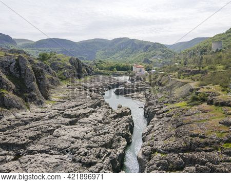 Aerial View Of Sheytan Dere (shaitan River) Canyon Under The Dam Of Studen Kladenets Reservoir, Bulg