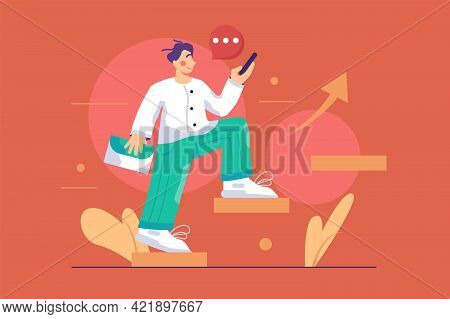 Man Ascending Steps To Successful Career Vector Illustration. Strategy To Reach Business Goal Or Car