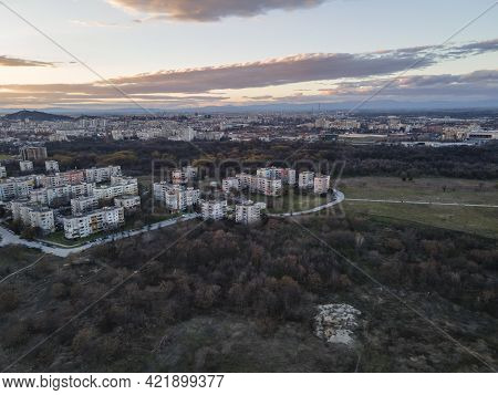 Aerial Sunset View Of Typical Residential Building From The Communist Period At District Trakia In C