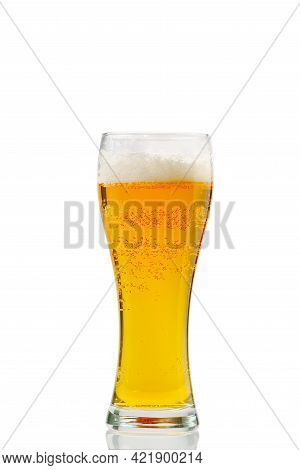 Fresh Cold Beer Glass Isolated On White. Gold Beer Bavaria Oktoberfest With Foam Crown. Pint Of Ligh