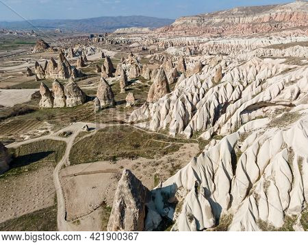 Aerial Footage Cappadocia Landscape And Rose Valley At Sunset. Turkey