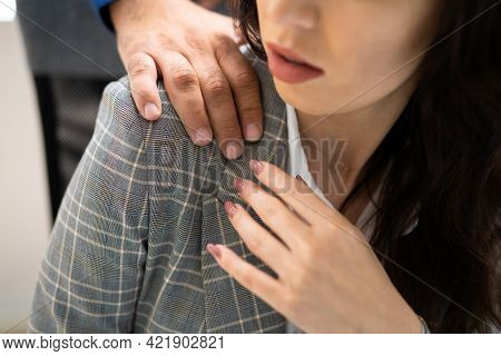 Sexual Harassment At Workplace In Office. Worker Woman And Man