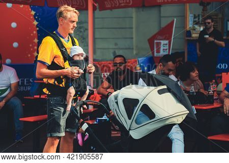 St. Petersburg, Russia - June 18, 2018: Swedish Family Supporting Of Sweden National Football Team I