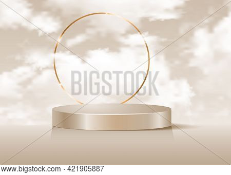 3d Platform Studio Display Minimal Scene, Gold Round Frame And Fluffy Clouds Sky. Studio Pedestal Fl