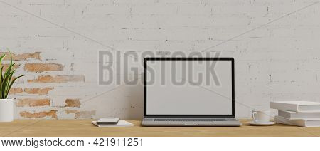 3D Rendering, Laptop With Mock-up Screen On Wooden Table In Office Workspace