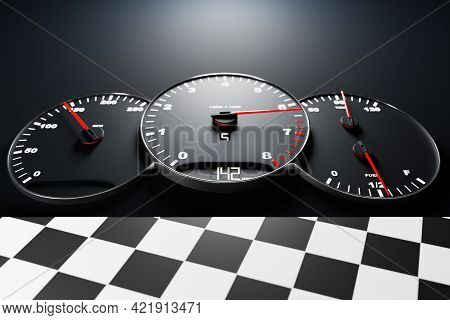 3d Illustration New Car Interior Details. Speedometer Shows 142 Km H , Tachometer  With  White Backl