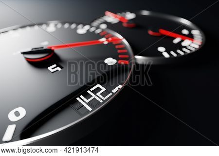 3d Illustration Close Up Black Car Panel, Digital Bright Tachometer, Speedometer Shows 142 Km H. Spe