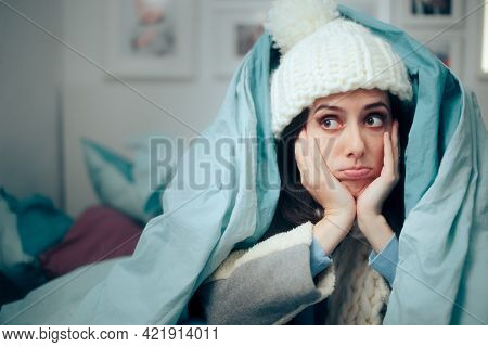 Unhappy Woman Feeling Cold Wearing Warm Winter Clothes Indoors