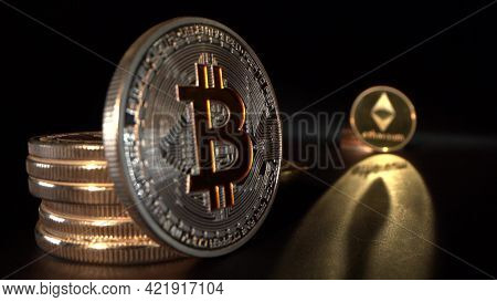 Silver Bitcoin Btc On The Foreground And Silver Etherium Eth With Beautiful Reflection On The Backgr