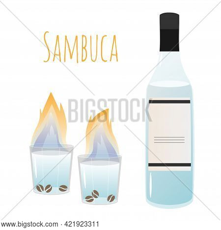 Sambuca Cocktail On A White Background. Two Glasses And A Bottle With Sambuca Liquor.