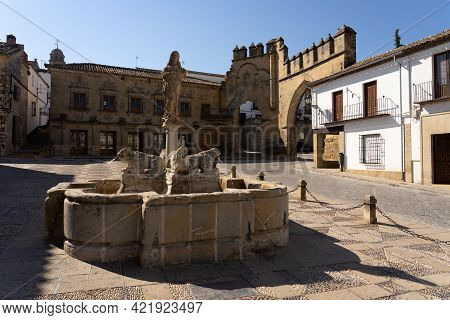 Baeza, Spain - September 07, 2020: Lyons Square In The Old Town Of Baeza, World Heritage Site By Une