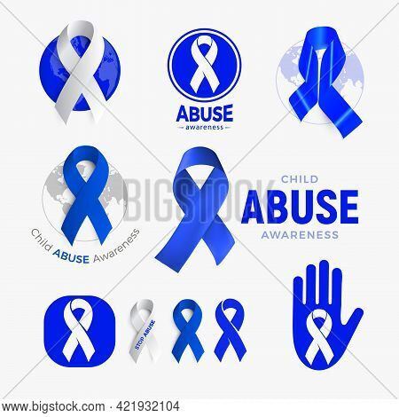Child Abuse Awareness Icon Set, Blue Ribbon Collection, Domestic Violence Campaign Symbol, Children 