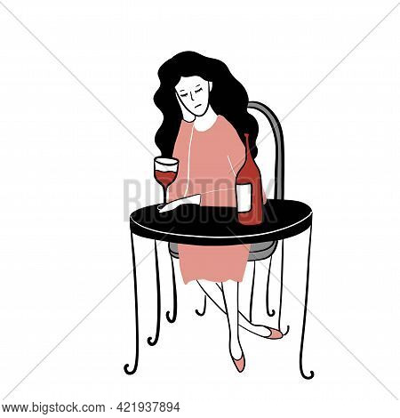 Lonely Sad Woman In The Cafe With Bottle Of Vine, Free Hand Vector Illustration