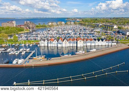 Aerial from the harbor from Huizen in the Netherlands