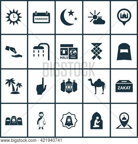 Holiday Icons Set With Financial Assistance, Mussulmans, Palms And Other Tree Elements. Isolated Ill